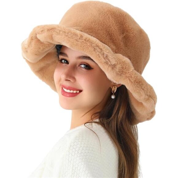 Women's Faux Fur Bucket Hat Winter Warmer Cap